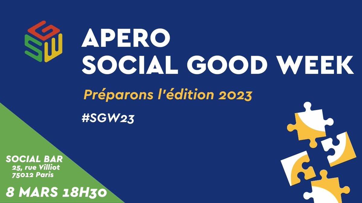 SocialGoodWeek (@socialgoodweek) on Twitter photo 🚨 #Evenement #Paris, à destination de l'#ESS #Numérique, retrouvons-nous pour construire l'édition 2023 de la Social Good Week !
🗓️ Mercredi 8 mars, 18h30
📍 <a href="/lesocialbar/">Le Social Bar</a>
👉 S'inscrire : bit.ly/3IoW2xv 🚨 #Evenement #Paris, à destination de l'#ESS #Numérique, retrouvons-nous pour construire l'édition 2023 de la Social Good Week !
🗓️ Mercredi 8 mars, 18h30
📍 <a href="/lesocialbar/">Le Social Bar</a>
👉 S'inscrire : bit.ly/3IoW2xv