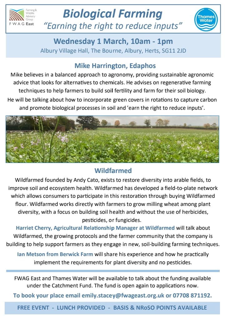Upcoming event with @thameswater on Weds 1st March, with guest speakers from @EdaphosAgronomy and @wildfarmed. To book your place, email emily.stacey@fwageast.org.uk.

@NFUHerts @Groundswellaguk