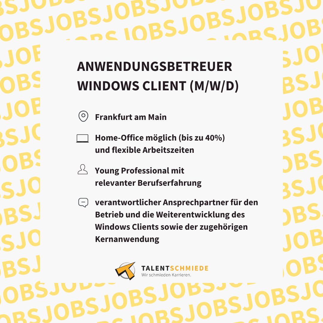 Talentschmied's tweet image. Wir suchen einen Anwendungsbetreuer Windows Client für ein spannendes Projekt mit Standort in Frankfurt am Main.
Wir freuen uns über Deine Bewerbung per Mail an jobs@talentschmiede.com :)
#itjobs #windowsclient #jobsuche #youngprofessionals #stellenausschreibung #itberatung