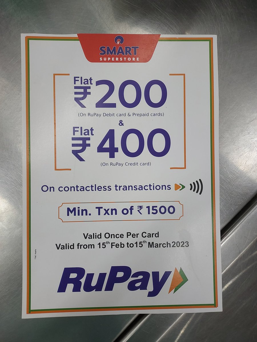 @SMARTStores_IN i did not receive the discount cashback even after I paid contactless using my BOB rupay credit card last Saturday. Store people wer clueless and of no help.