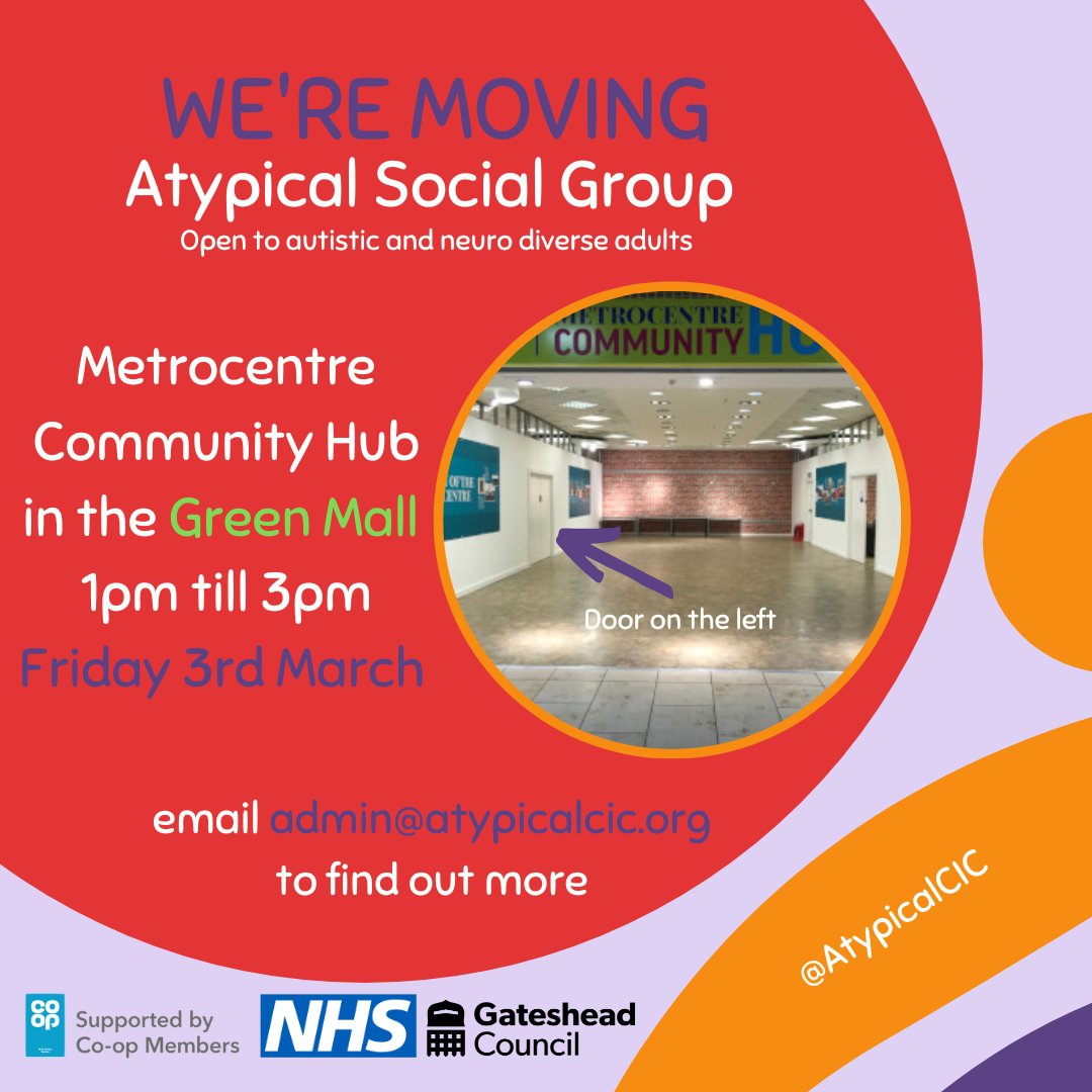 AtypicalSupport's tweet photo. WE'RE Moving
Our social group is moving to the MetroCentre Community Hub (upstairs in the Green Mall) as of March 3rd.

Times have changed slightly to 1pm to 3pm.

If you want any information email admin@atypicalcic.org

#social #socialgroup #neurodivergence #inclusion #welcome https://t.co/yl33YzqFqv