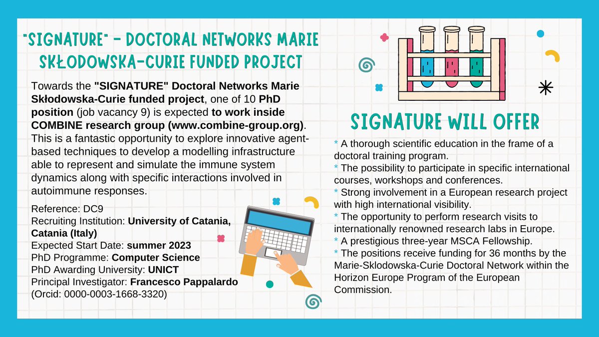 'SIGNATURE' Doctoral Networks Marie Skłodowska-Curie funded project
👩‍💻For more info👉lnkd.in/dhJMXWcX Details within the 'guide for applicants'.

#computerscience #combinegroup #modelingandsimulation