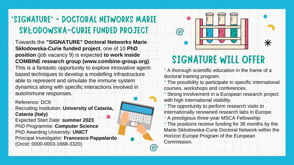 COMBINE_Group's tweet image. "SIGNATURE" Doctoral Networks Marie Skłodowska-Curie funded project
👩💻For more info👉lnkd.in/dhJMXWcX Details within the "guide for applicants".
#computerscience #combinegroup #modelingandsimulation