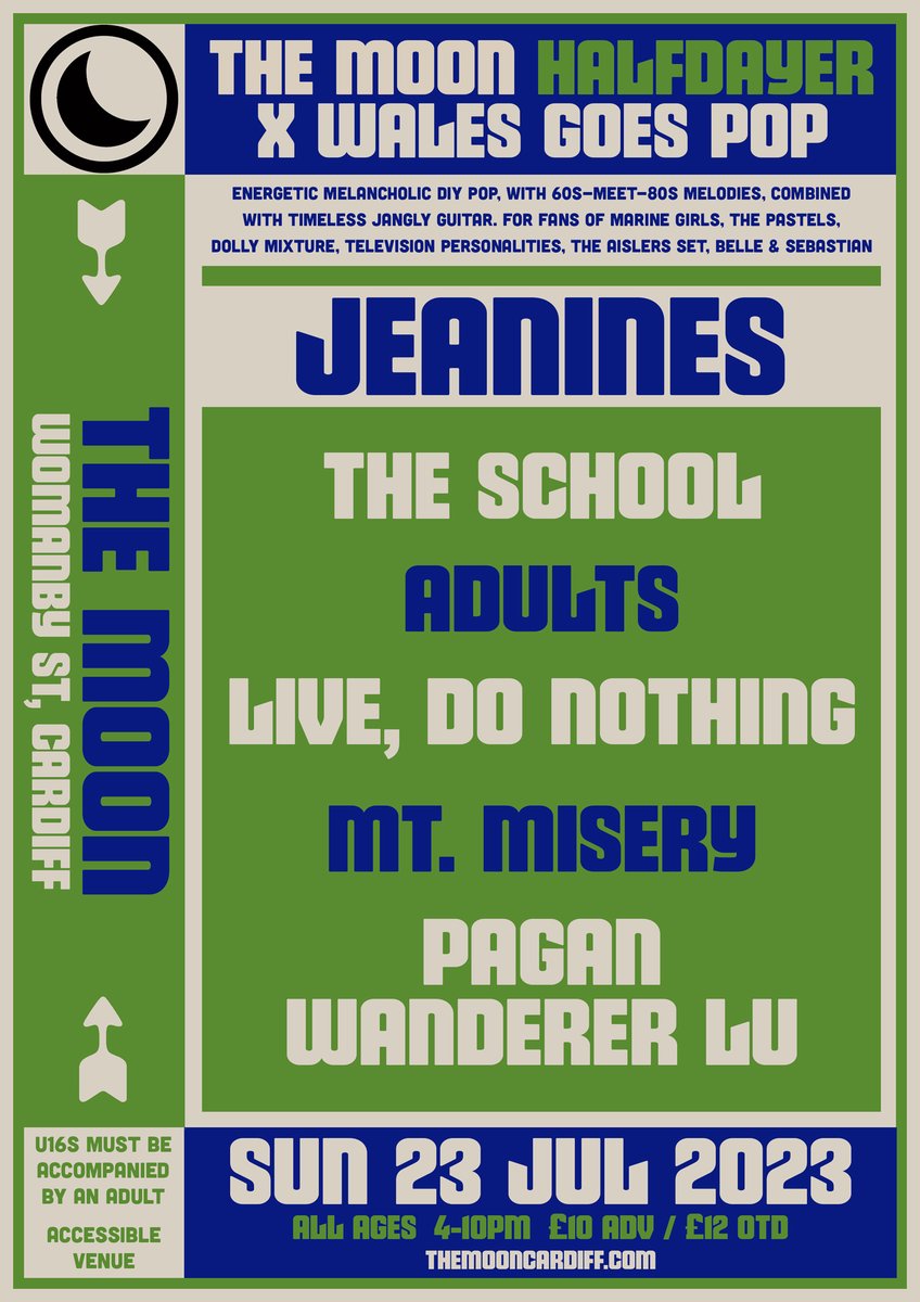 The Moon Cardiff 🎟️SUPPORT YR LOCAL MUSIC VENUE (@themooncardiff) on Twitter photo New show on sale
Moon x <a href="/WalesGoesPop/">Wales Goes Pop!</a> collab summertime fun halfdayer:
JEANINES
THE SCHOOL
ADULTS
LIVE, DO NOTHING
MT.MISERY
PAGAN WANDERER LU
Sun 23rd July 4-10pm early finish🛌🚅
The Moon, Cardiff
All Ages, u16s must be accompanied by an adult
£10 adv bit.ly/jeanines New show on sale
Moon x <a href="/WalesGoesPop/">Wales Goes Pop!</a> collab summertime fun halfdayer:
JEANINES
THE SCHOOL
ADULTS
LIVE, DO NOTHING
MT.MISERY
PAGAN WANDERER LU
Sun 23rd July 4-10pm early finish🛌🚅
The Moon, Cardiff
All Ages, u16s must be accompanied by an adult
£10 adv bit.ly/jeanines