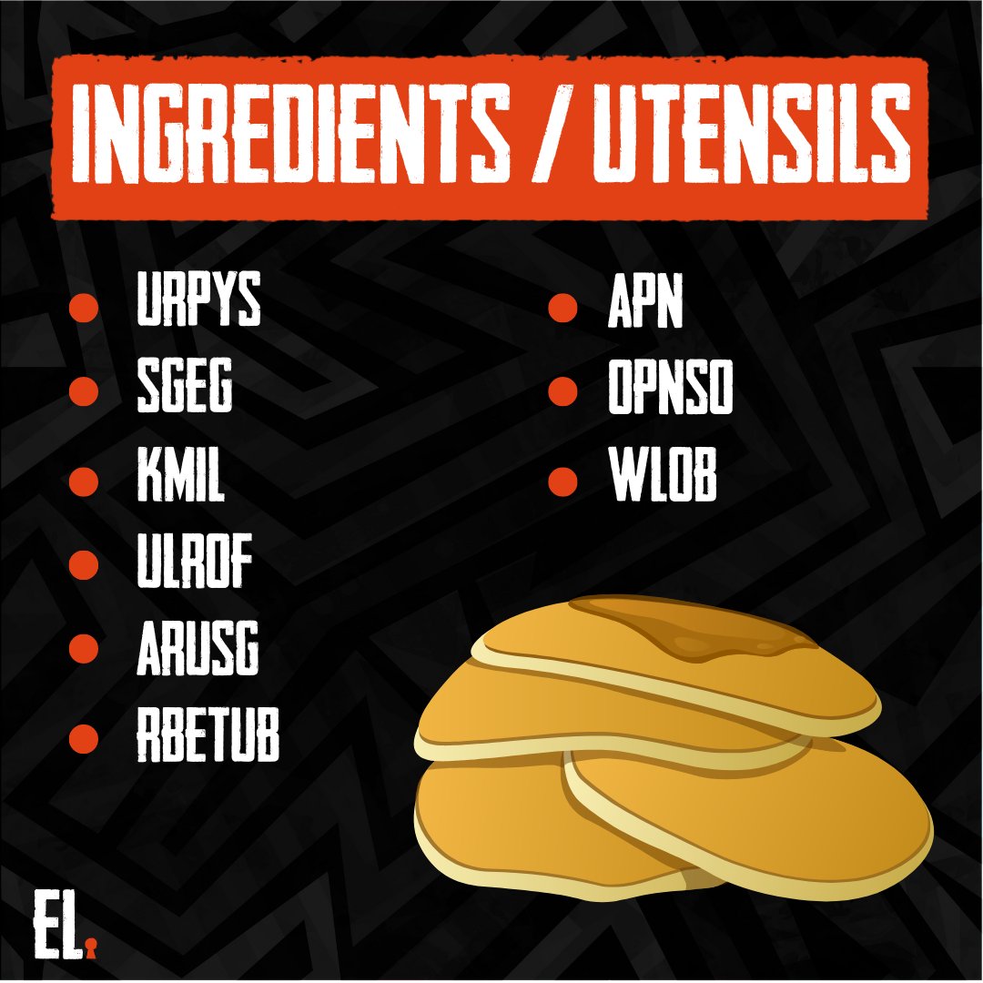 EscapeLiveUK's tweet photo. Happy #pancakeday!
We wanted to make some pancakes but we've jumbled up all the ingredients and the utensils! 🤭
Can you unjumble the letters and tell us what we need?
#escape #pancakes #ridddle #jumbled https://t.co/3tHJ6qlJjt