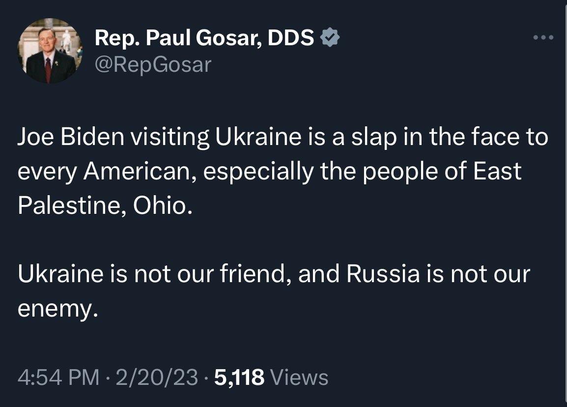 wellsy57's tweet photo. It can't be any more clear how these traitors just don't hide it anymore. When Russia invaded Ukraine, they lost any hope of friendship. Defending Ukraine is defending global democracy. Paul Gosar should move to Russia. https://t.co/9vV4ozFM8E