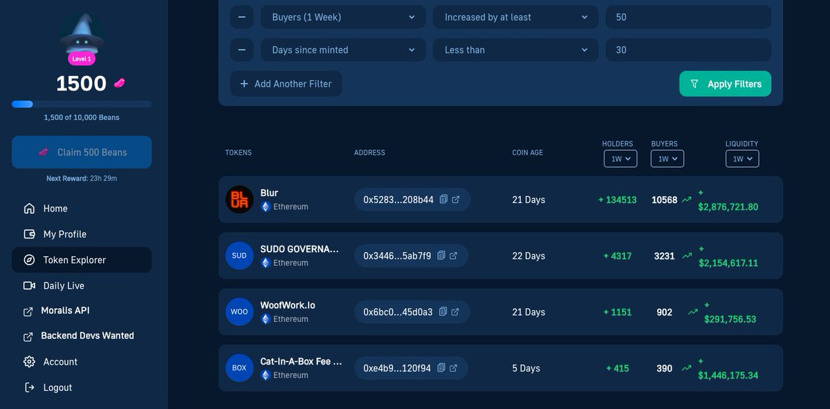 Sieg0x's tweet photo. How to find the next  #ShibaInu ? use @moralismoney Token explorer and do the following steps:
- Days since minted within the last 30 days
- 1-week Liquidity increase by at least  $10k
- 1-week holders increase by at least 100
- 1-week buyers increase by at least 50 https://t.co/ECAF5Hq1T4