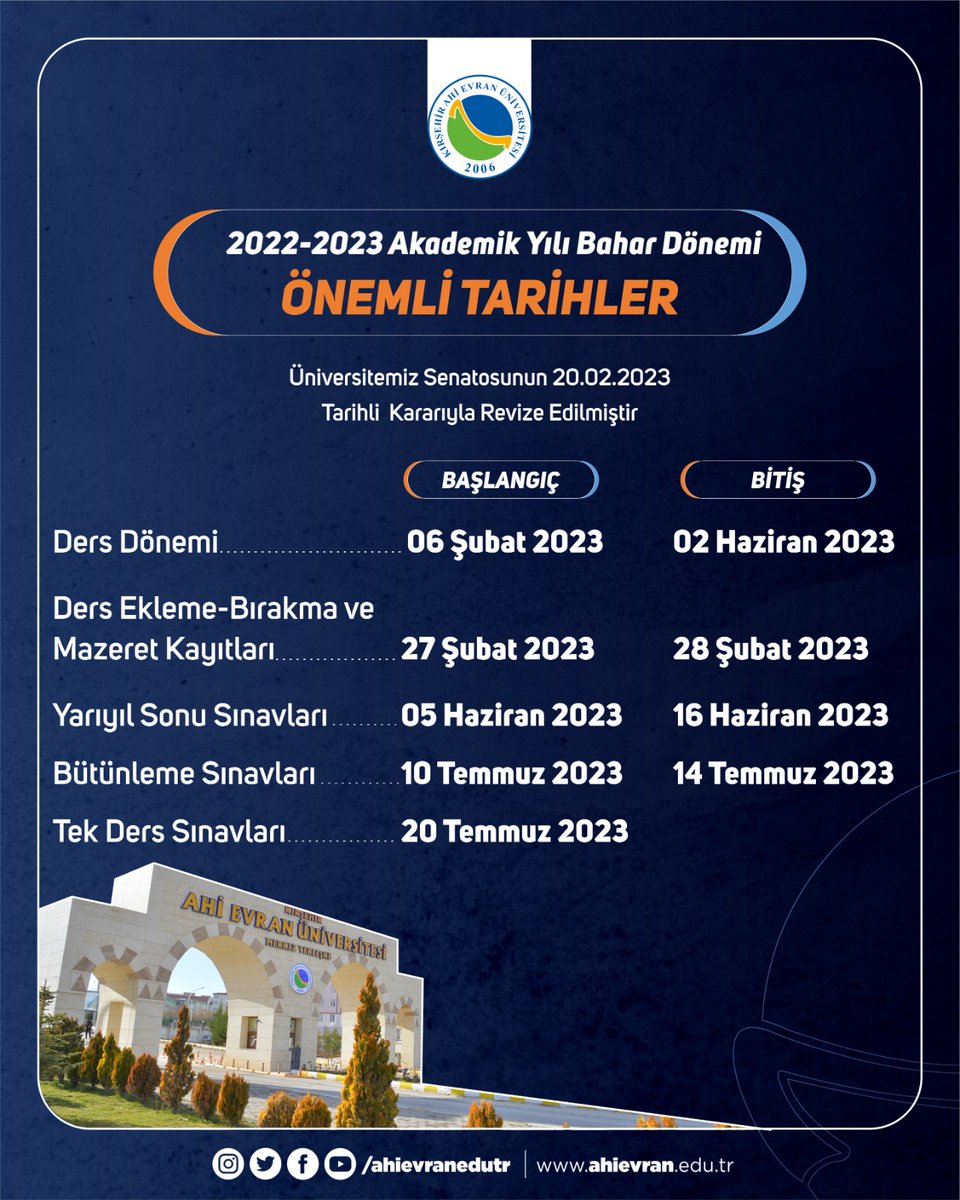 ahievranedutr's tweet photo. 2022-2023 Akademik Yılı Bahar Dönemi 
Önemli Tarihler 

#KAEÜ #KırşehirAhiEvranÜniversitesi #Kırşehir

Ayrıntılar: 👇
https://t.co/CgphTx0jNx https://t.co/8QHrPfjyHY