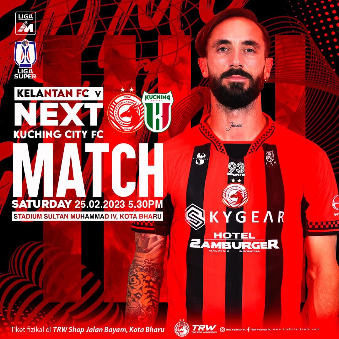 Perlawanan yang cukup dinanti-nantikan seluruh peminat pasukan TRW Kelantan FC yang akan menerima kunjungan pasukan dari Kuching City FC di Stadium Sultan Muhammad IV pada 25 Februari 2023 jam 5.30 petang.

Kehadiran anda dapat menyuntik semangat juang para pemain.