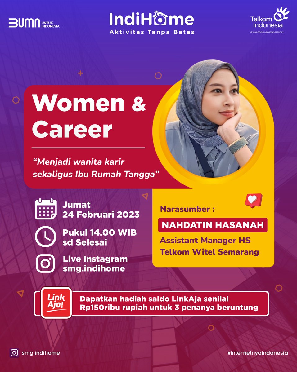 SMGindihome's tweet photo. Wanita Karir atau Ibu Rumah Tangga? Banyak yang bilang bahwa berbagi peran adalah hal yang sulit. Eits tapi jangan salah sob, keduanya bisa dilakukan secara bersamaan loh. Jangan sampai kelewatan NGOBAR edisi kali ini ya ๐
#IndiHome #AktivitasTanpaBatas #Ngobar https://t.co/L7sFBfDGg4