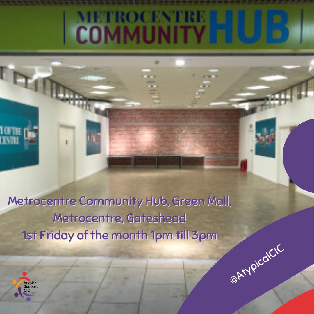 AtypicalSupport's tweet photo. Atypical Social group
Open to all autistic and neurodiverse adults.

Metrocentre Community Hub 
Green Mall, Metrocentre, Gateshead
Friday 3rd March - 1pm till 3pm

email admin@atypicalcic.org for more info.

#social #socialgroup #neurodivergence #inclusion #welcome https://t.co/hf2xeEzOL9