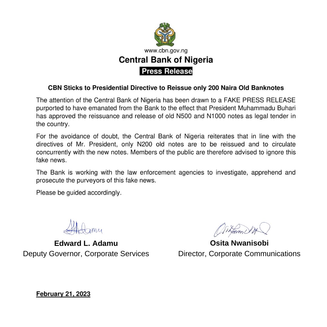 CBN Sticks to Presidential Directive to Reissue only 200 Naira Old Banknotes