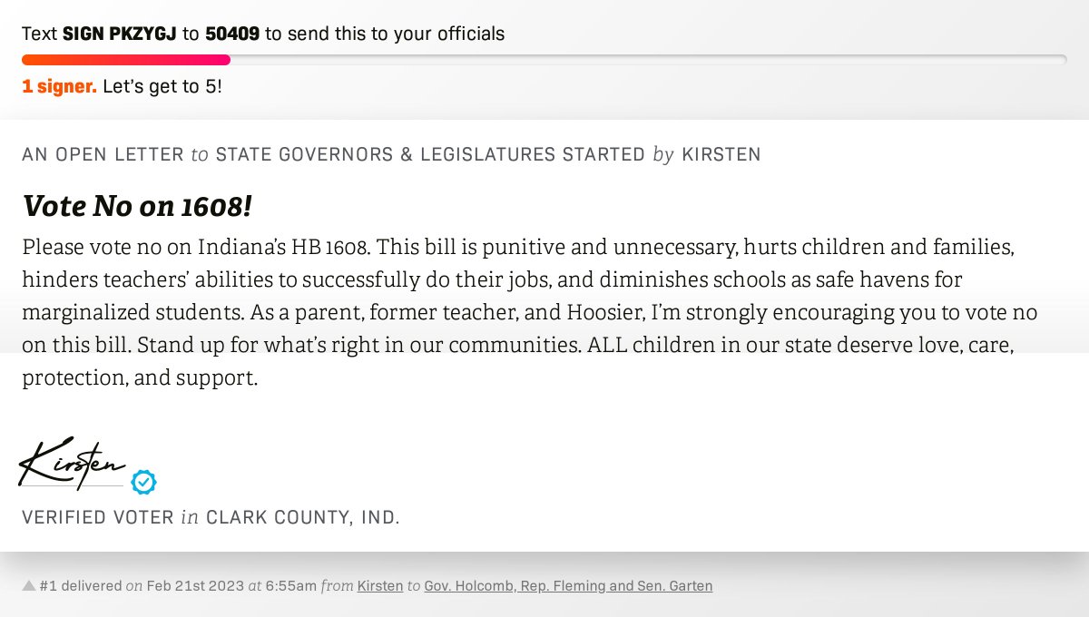 openletterbot's tweet photo. 🖋 Sign Vote No on 1608! and I'll deliver a copy to your officials: https://t.co/V9tFwGIs40  📨 No. 1 is from Kirsten to @govholcomb, Rep. Fleming and Sen. Garten  #INpolitics https://t.co/eJPCvCNVM7
