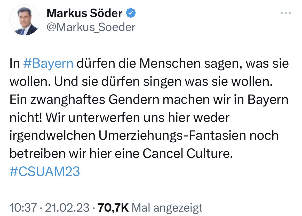 In keinem Land der Welt werden die Menschen zum Gendern gezwungen, aber der bayerische Ministerpräsident behauptet es in der Art, wie es sonst nur von Extremisten &amp; Populisten getan wird. Es ist ein Vorgehen aus dem Handbuch der Autokratie. Geht es der Union nur noch ums Spalten?