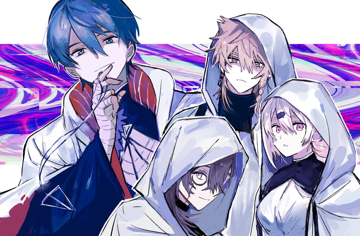 shiina yuika multiple boys hood hood up 2boys bandages hair between eyes blue hair  illustration images
