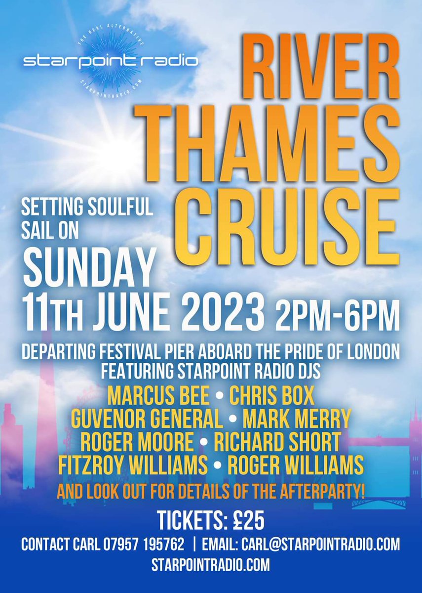 All aboard! A 4-hour cruise on the River Thames with <a href="/Starpoint_Radio/">Starpoint Radio</a> DJ's. There's an after party nearby too from 6pm - 10:30pm. Cruise tickets available now