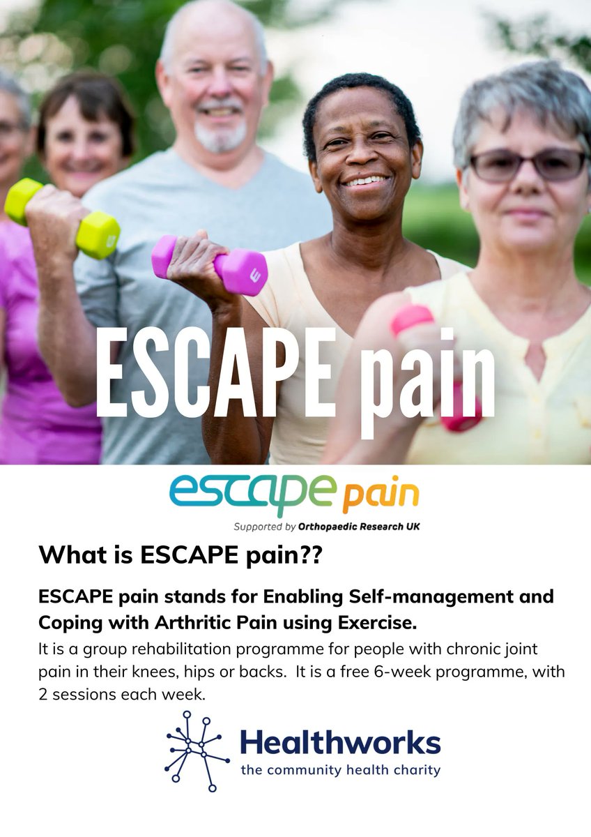 HealthworksNE's tweet photo. ESCAPE-Pain is a free 6-week rehabilitation programme for patients referred via TIMS (Tyneside Integrated Musculoskeletal Services) with long-term knee and/or hip arthritis.
Find out more https://t.co/Jn6ctkZoEH
#escapepain https://t.co/rAs3gkpuus