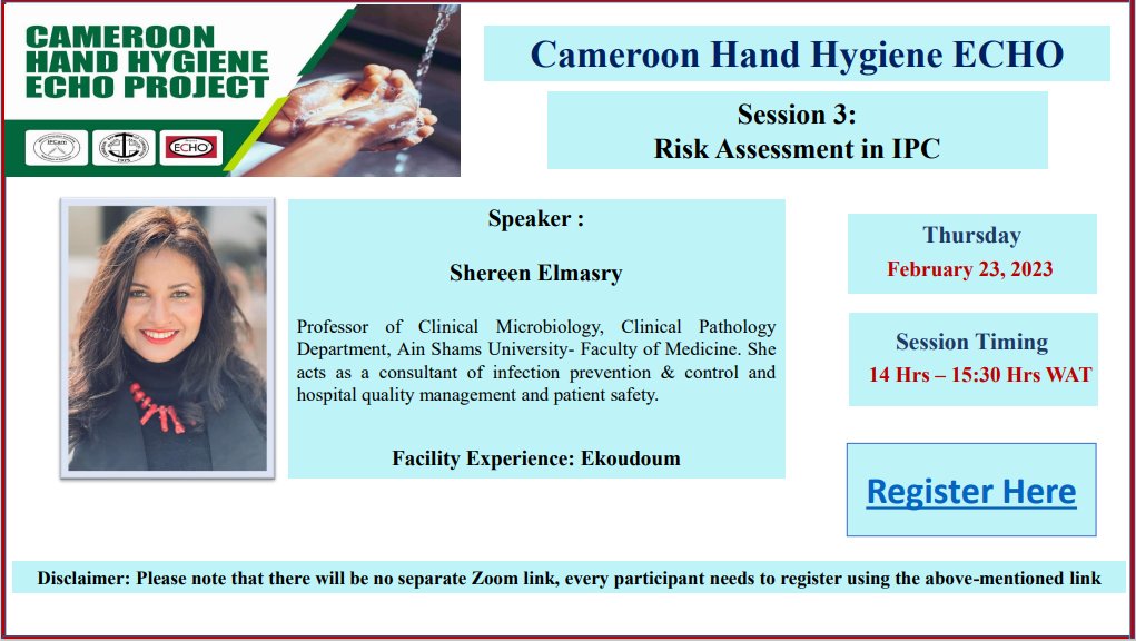 Cameroon Hand Hygiene Echo Project 📢Topic: Risk Assessment in IPC 📅 Thursday February 23, 2023 ⏰Session Timing 14:00 –15:30 WAT Register in advance for this meeting: iecho.org/public/program…