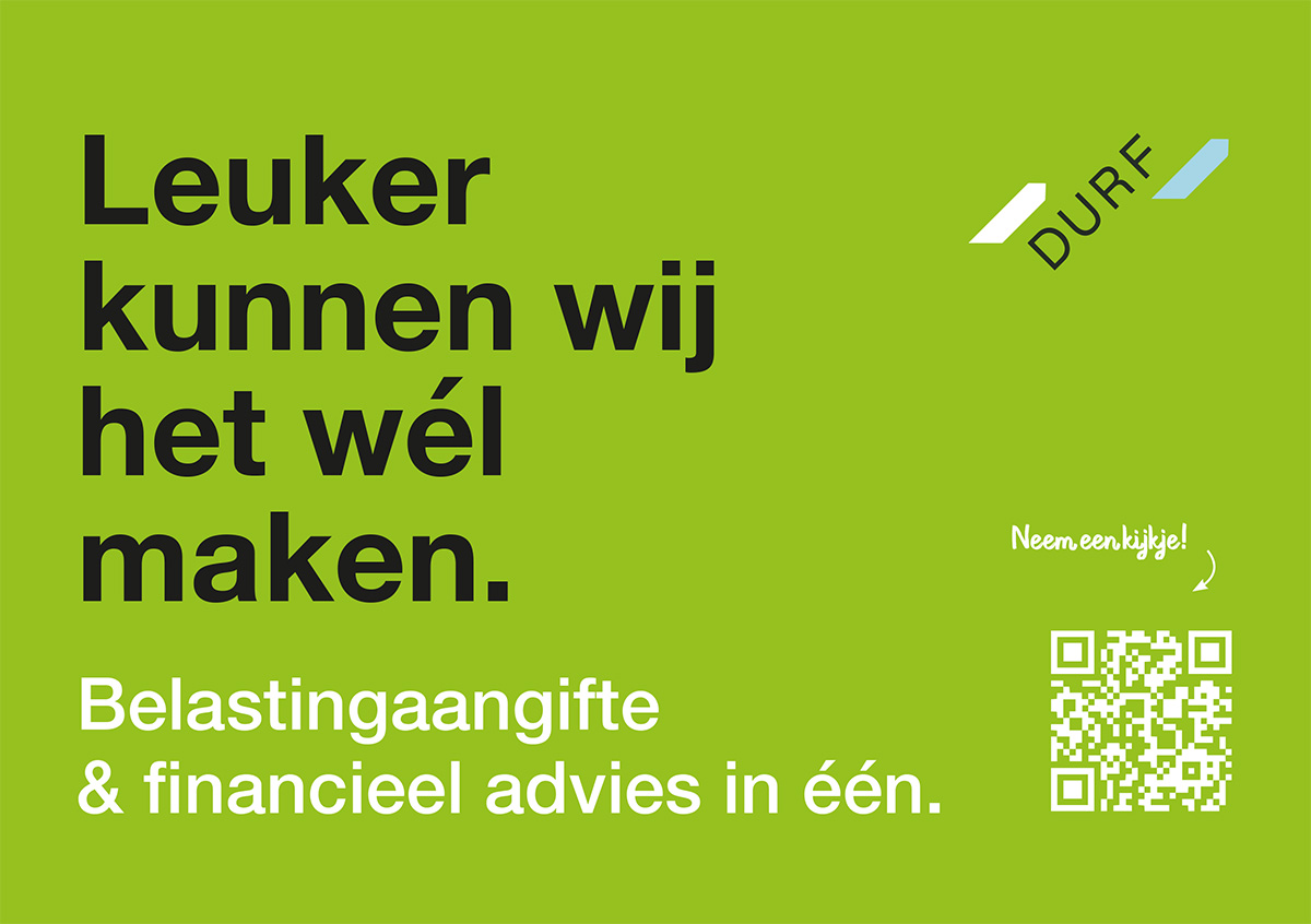 Aangifte inkomstenbelasting, een jaarlijks terugkerende verplichting. Voor velen een vervelende klus die moet gebeuren. 
DURF denkt om: wij kijken niet alleen achteruit maar vooral vooruit.
In een persoonlijk gesprek nemen we de aangifte door en kijken we vooral vooruit.