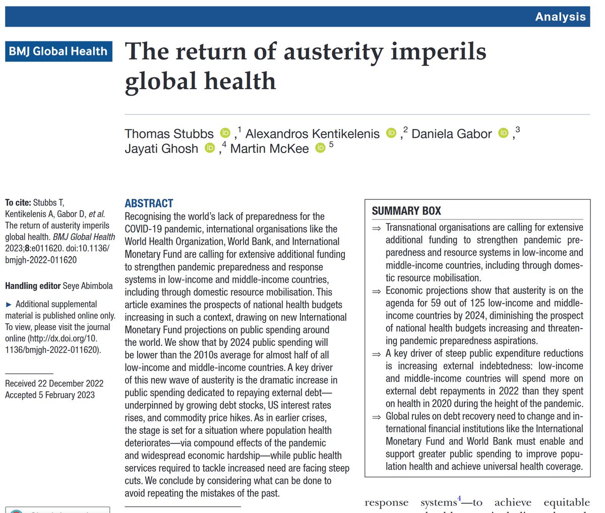 By 2024, ~half of low/middle income countries' public spending will drop below pre-pandemic levels. This return of austerity imperils global health. New in <a href="/GlobalHealthBMJ/">BMJ Global Health</a> (w/ <a href="/Kentikelenis/">@akentikelenis on bsky</a> <a href="/DanielaGabor/">Daniela Gabor</a> <a href="/Jayati1609/">Jayati Ghosh</a> <a href="/martinmckee/">M</a>). UNGATED: dx.doi.org/10.1136/bmjgh-…