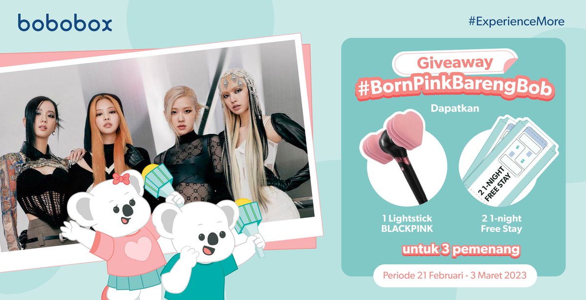 BoboboxID's tweet photo. Yuk ikutan giveaway Bobobox untuk dapetin Lightstick BLACKPINK dan Free Stay di Bobobox dengan syarat:

- Follow Twitter @BoboboxID dan IG @Bobobox_id
- Reply sebutkan member BLACKPINK favorit kamu dan alasannya! Jangan lupa pake hashtag #BornPinkBarengBob
- RT &amp; like tweet ini🐨 https://t.co/GtJ1wcygWX