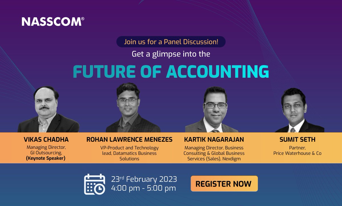 nasscom_member_'s tweet photo. Join us for a session 'Future of Accounting' &amp; explore the impact of #digitalization on the industry with our expert panel.

Learn about new operational paradigms shaping #Finance for a more secure &amp; profitable #future

Register Now: https://t.co/XeE9sgjNPx
23 Feb | 4-5 Pm https://t.co/OsnbFS0x66