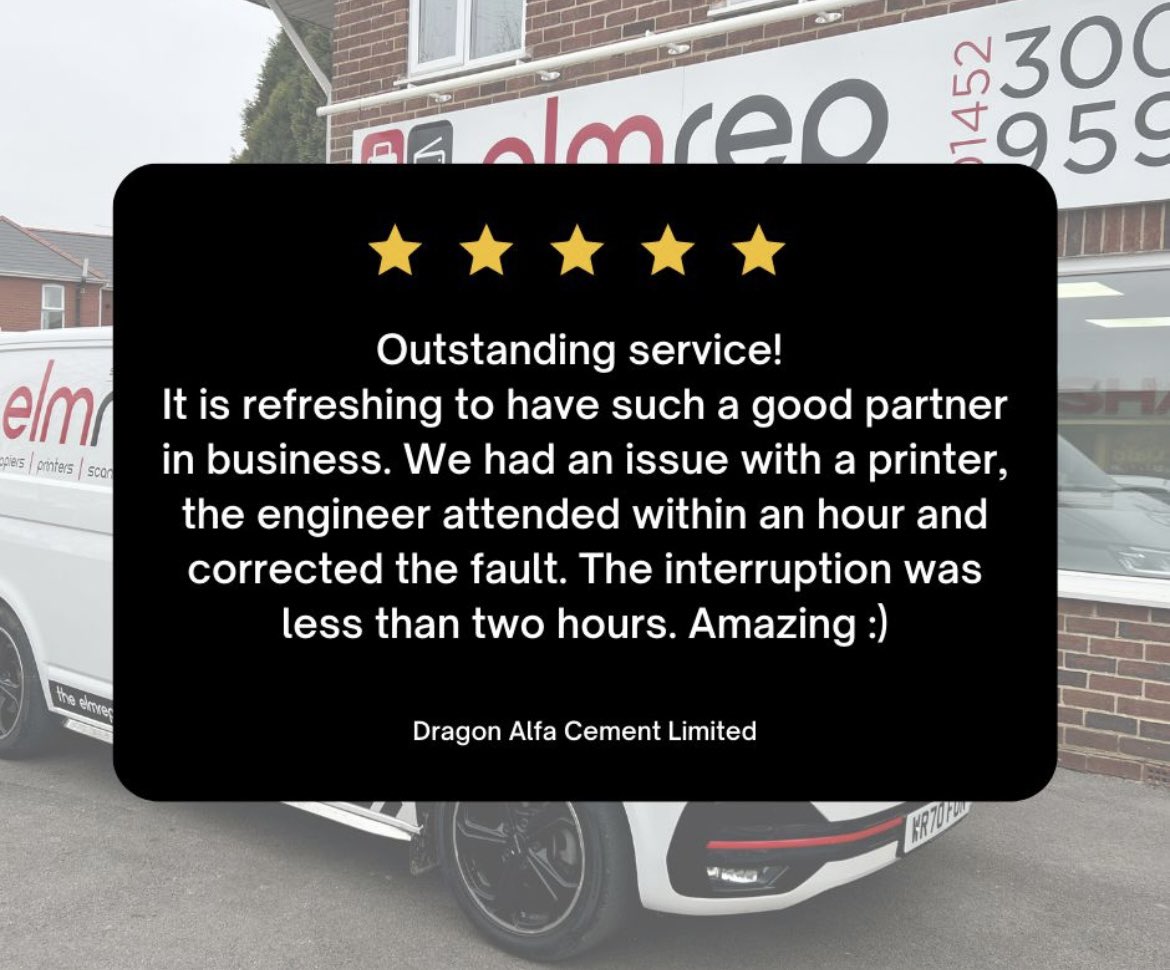 ⭐⭐ #TestimonialTuesday ⭐⭐

Another fantastic review from one of our clients today!
Great to hear that the service the team provide is outstanding 👏👏

#CustomerSatisfaction #SameDayFix #StresslessOfficePrinting #ThankYou #WellDone #TeamElmrep