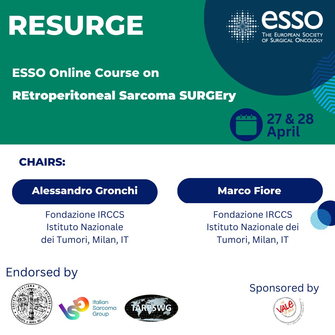 ESSOnews's tweet photo. Come join us β‘οΈ RESURGE - ESSO Online Course on REtroperitoneal #Sarcoma SURGEry
ποΈ 27-28 April 2023
πhttps://t.co/lbXV7UJgWn
@FioreDoc @alegronchi
#SurgicalOncology #Sarcomasurgery #ESSOcourse #onlinecourse #CTOS https://t.co/XvYULnj2zK