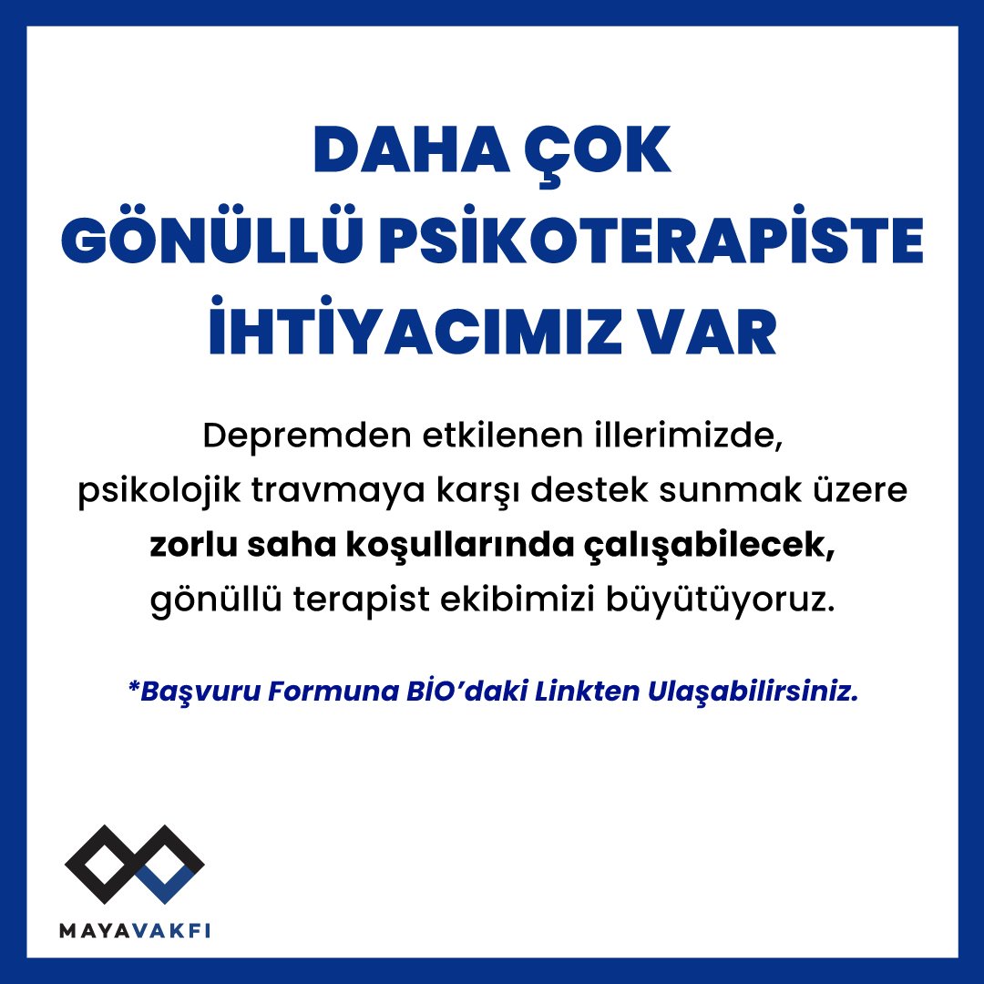 MayaVakfi's tweet photo. Daha çok gönüllü psikoterapiste ihtiyacımız var.
Depremden etkilenen kişilere psikolojik destek vermek üzere, zorlu sağlık koşullarında çalışabilecek, terapist ekibimizi büyütüyoruz.
#afet #deprem #psikososyaldestek #yardım #travma #gönüllü
https://t.co/foL80RK8ib https://t.co/dvWH2ORTbr