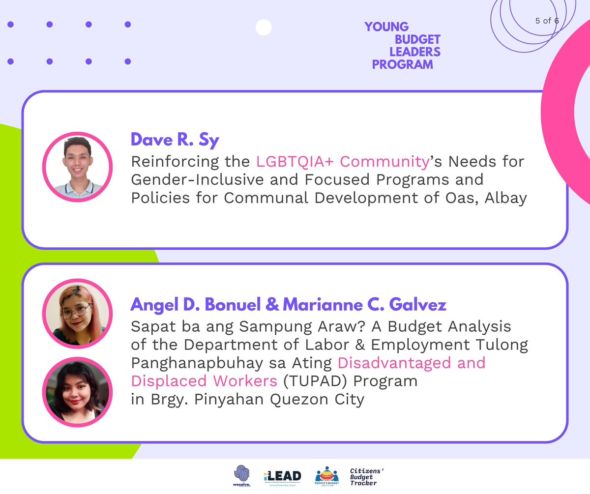 BudgetNatin's tweet photo. 6 fellows of the Young Budget Leaders Program will be showcasing their budget research analysis and discuss their sector’s priority issues.

With remarks from Budget Research Coaches @KenAbante and @znsuzara, the forum will be moderated @hyabendana and @rizsupreme 

#BudgetNatin https://t.co/mgZMVaQBqb