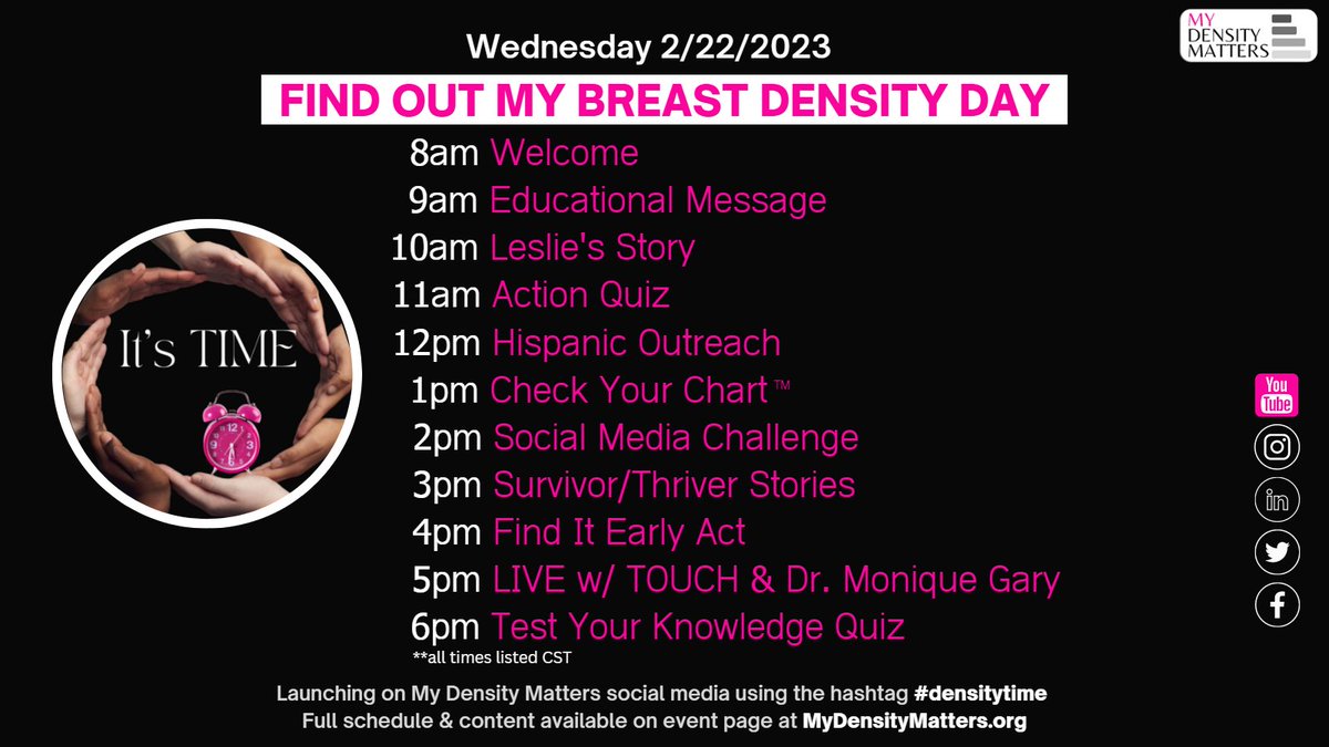 mydensitymatter's tweet photo. We are one day away from Find Out My Breast Density Day '23 - 2/22/23. Check the schedule here, and update your calendar for those things you don't want to miss. New content every hour on the hour. Join us for a little or a lot.  'See' you there. #densitytime https://t.co/QSLmrVcUI3