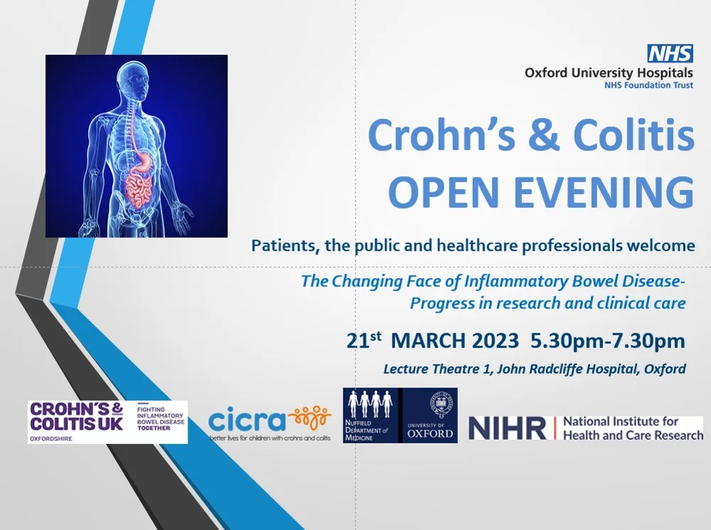 Join the Crohn’s & Colitis Public Information Event 📅 21 March 2023 🕒 5.30pm - 7.30pm 📍 Lecture Theatre 1, John Radcliffe Hospital, Oxford and online ✍️Registration necessary: ow.ly/arSQ50MTY4t @CrohnsColitisUK @CICRAcharity @NDMOxford @AlexiDeeks #crohnsandcolitis
