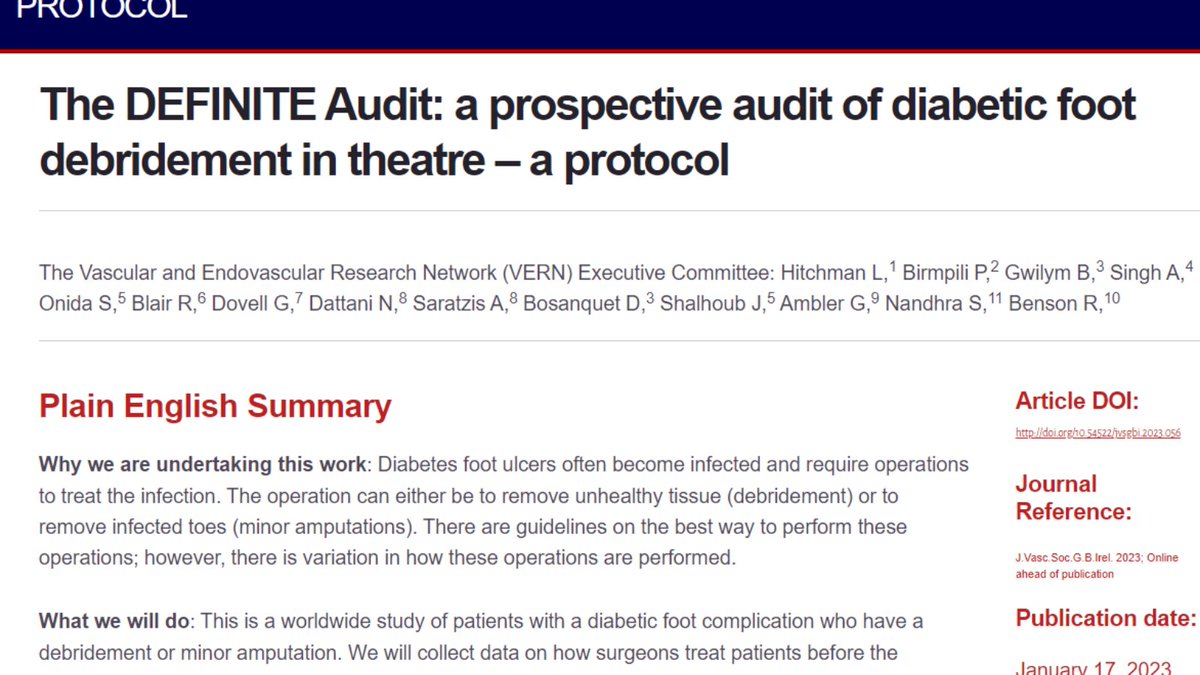 The DEFINITE Audit: a prospective audit of diabetic foot debridement in theatre – a protocol. Full article: jvsgbi.com/the-definite-a…
<a href="/BACPAR_official/">BACPAR</a> <a href="/BSETnews/">BSET</a> <a href="/BSIR_News/">The British Society of Interventional Radiology</a> <a href="/RouleauxClub/">Rouleaux Club</a> <a href="/vascularnurses/">SVN (Society of Vascular Nurses)</a> <a href="/svtgbi/">CSVS</a> <a href="/vasgbi/">VASGBI</a> <a href="/VascResearchNet/">VERN</a> @vsgbi