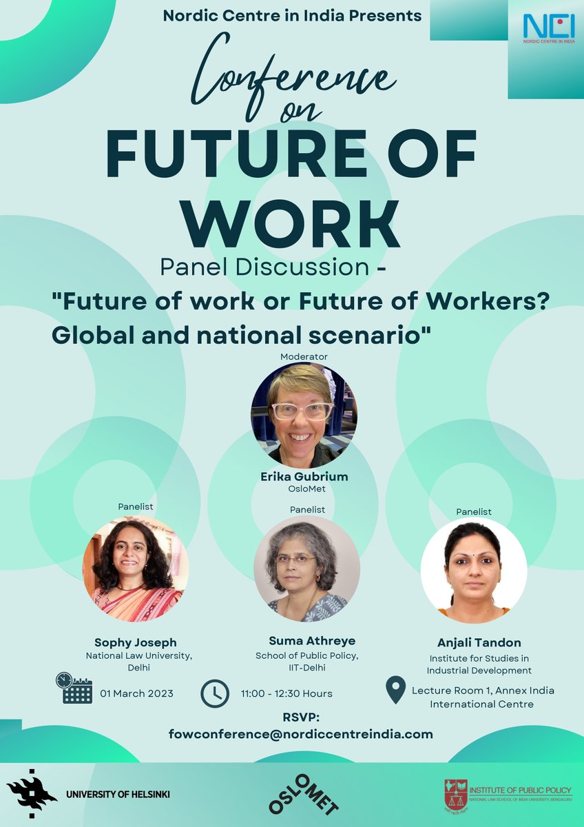 NordicCtrIndia's tweet photo. Panel 2 is a discussion on #futureofwork or #futureofworkers? @ErikaGubrium #ncimember @OsloMet, Sophy Joseph @NLSIUofficial , Suma Athreye @iitdelhi , @tandon_anjali @ISID_India https://t.co/atzRhVbB9A