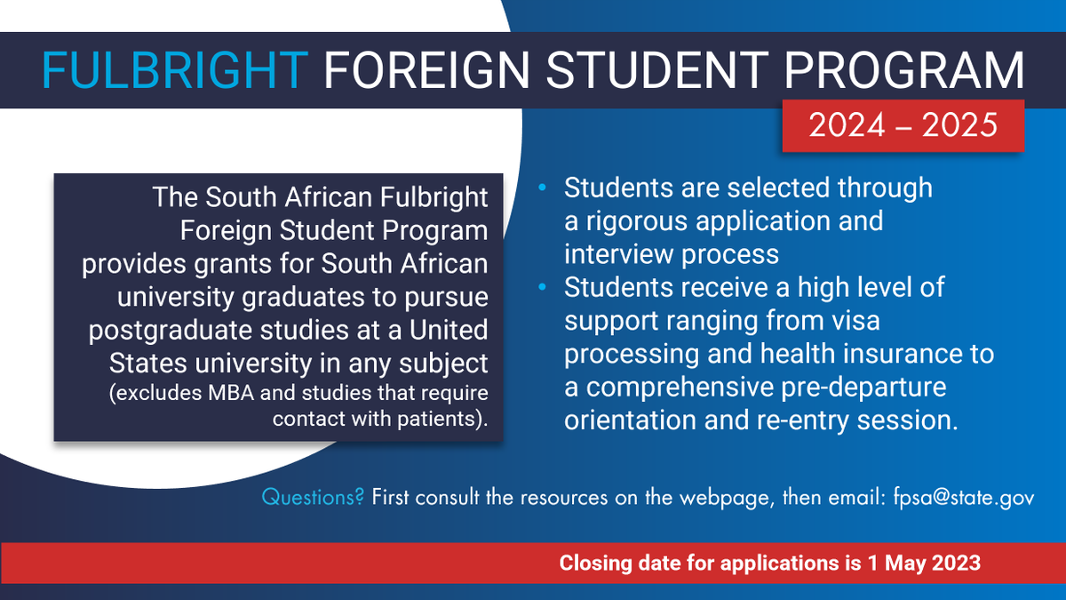Just a few weeks left to apply! The #SouthAfrican Fulbright Foreign Student Program provides grants for South African university graduates to pursue postgrad studies at a university in the USA in any subject. More info: bit.ly/FulbrightSA23 | <a href="/USEmbassySA/">US Embassy SA</a>