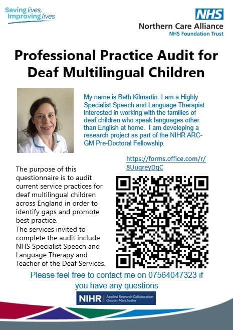 <a href="/BKilmartinSLT/">Beth</a> is carrying out an audit of #SpeechAndLanguage service provision for #Deaf #Multilingual children. Fill in the questionnaire here and share with colleagues forms.office.com/r/8UuqreyDqC