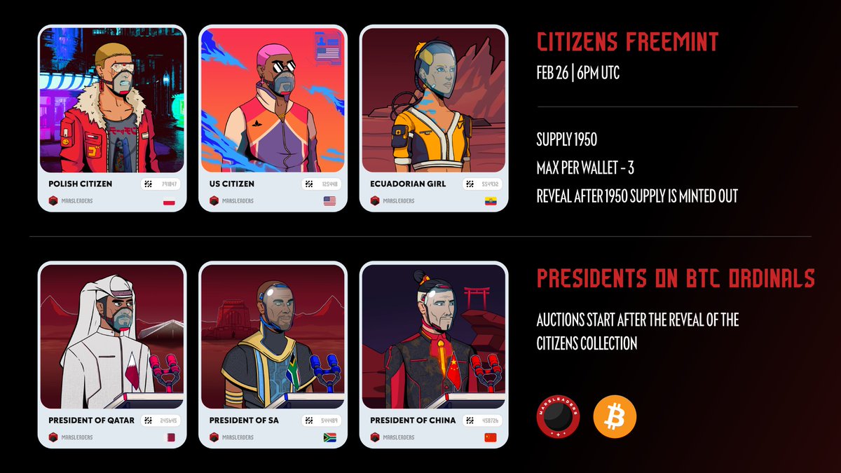 FREEMINT on February 26th [6PM UTC]
Citizens collection: 1950 supply.

The Presidents (195 supply) will be sold at auction &amp; we bridge to #BTC #Ordinals 🔥

👉set your alarms to mint gamechanger Marsleaders NFT 4 FREE 👀 #NFTs #Marsleaders #Freemint #BitcoinNFTs #ETH #Web3