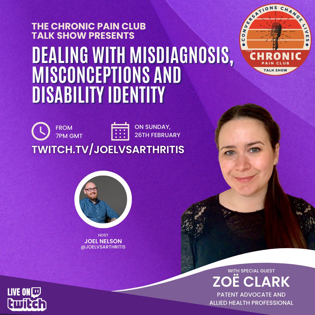 joelvsarthritis's tweet photo. The Chronic Pain Club Talk Show returns this Sunday at 7pm (GMT), and I cannot think of a better guest to open Season 2 than @ZoeClarkOsteo! 

Join us as we discuss navigating your condition when diagnosis changes, misconceptions and disability identity.
https://t.co/9oyZHwtkXt https://t.co/yEkF2pVnYe