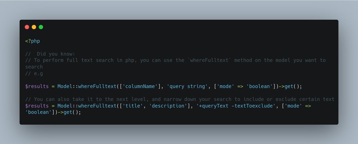 DanielSundayEf1's tweet image. Did you know how to perform an advanced full-text search in Laravel?
#php_tips
#laravel_tips
#100DaysOfCode 
#100DaysOfLaravel
#100DaysOfPHP  Day 5