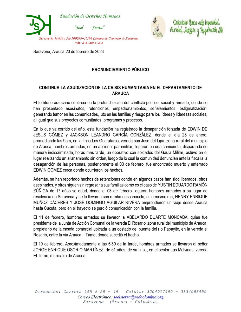 sararestereo883's tweet photo. #SarareStereo 
La Fundación de Derechos Humanos Joel Sierra, emitió un pronunciamiento público a raíz de la agudización de la crisis humanitaria que se vive en el departamento de #Arauca.
@petrogustavo @DefensoriaCol https://t.co/uryi2TCqah