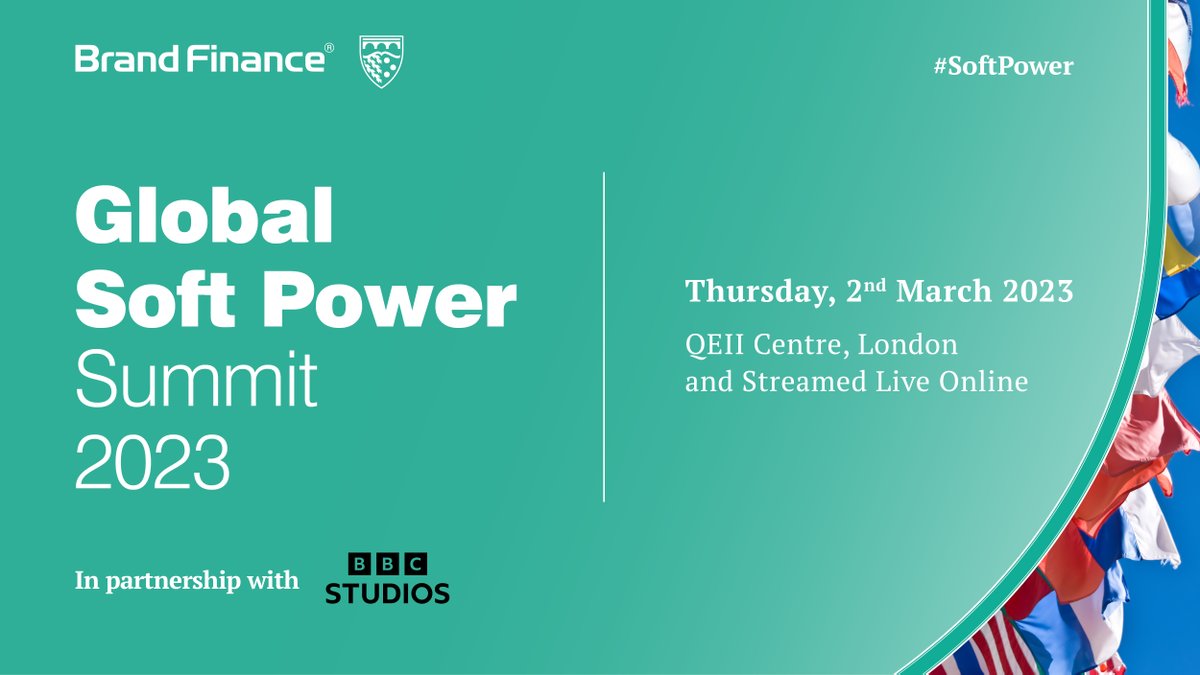 BrandFinance's tweet photo. What is the role of #SoftPower in international politics and business?

The Global Soft Power Summit will return to the @QEIICentre in #London on 2nd March to bring the latest insights on #nationbrands from our experts and guest speakers.

Register here: https://t.co/0aA8hRAXtp https://t.co/i6ppHAu6w5