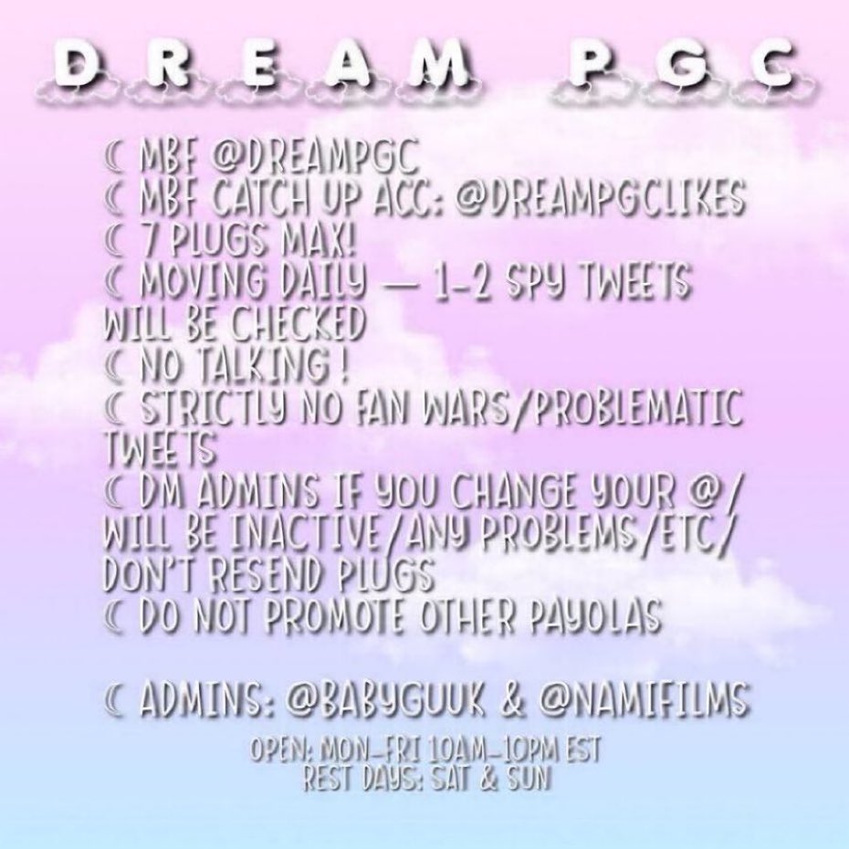 RECRUITING ACTIVE MEMBERS FOR DREAM STRICT PGC / PAYOLA HYPE GC

☾ rt &amp; reply to be added
☾ all fandoms welcome 
☾ no fan wars !
☾ don’t join if ia!
☾ mbf <a href="/dreampgc/">dream pgc ☾</a> + admins <a href="/babyguuk/">♡ princess</a> &amp; <a href="/NAMIFILMS/">nami 🌊</a> &amp; @rainsoften 
☾ mbf like acc: <a href="/dreampgclikes/">♡ dream pgc likes</a>