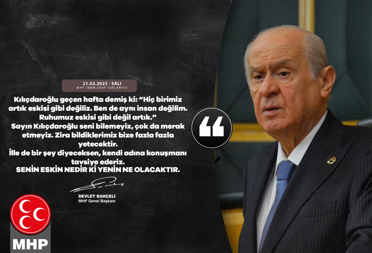 KonyaKad's tweet photo. Sayın Kılıçdaroğlu seni bilemeyiz, çok da merak etmeyiz. Zira bildiklerimiz bize fazla fazla yetecektir. İlle de bir şey diyeceksen, kendi adına konuşmanı tavsiye ederiz. Senin eskin nedir ki yenin ne olacaktır.
MHP Genel Başkanı
Devlet BAHÇELİ https://t.co/QW1cRSe2z2