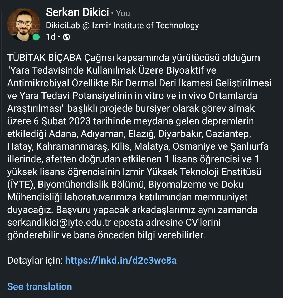 BİÇABA programı ile İYTE Biyomühendislik Bölümü, Biyomalzeme ve Doku Mühendisliği laboratuvarımızda yürüttüğümüz TÜBİTAK projemizde bursiyer olarak görev yapmak üzere afetten etkilenen 1 lisans ve 1 y.lisans öğrencisi arkadaşımızın katılımından memnuniyet duyacağız. Detaylar 👇