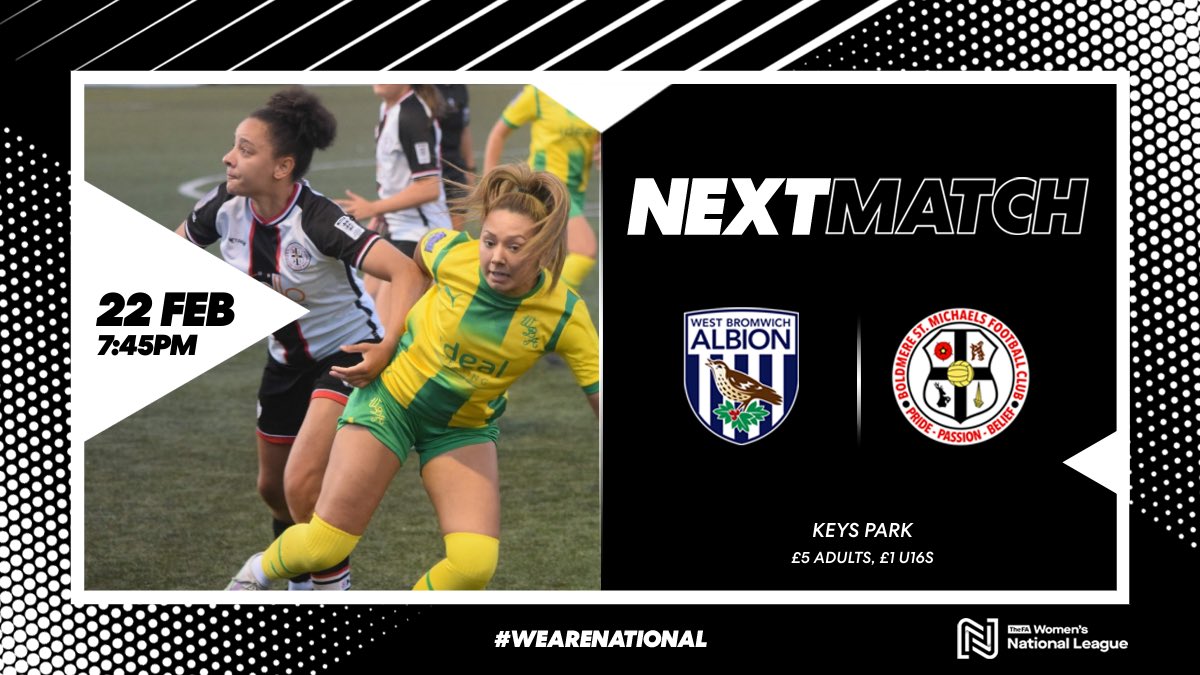 𝙉𝙀𝙓𝙏 𝙐𝙋 ⚪️⚫️

A midweek local derby match as we take on <a href="/WBAWomen/">West Bromwich Albion Women</a> 

📍 Keys Park, Cannock, WS12 2FR
🗓️ Wednesday 22nd February 
⏰ 7:45PM KO 
🏆 <a href="/FAWNL/">FA Women's National League</a> 

#UpTheMikes