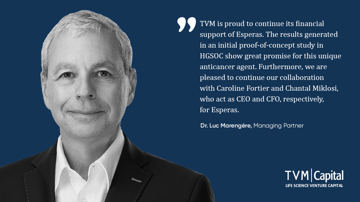 TVM Capital Life Science (@tvmcapital) on Twitter photo We are excited that <a href="/tvmcapital/">TVM Capital Life Science</a> together with the <a href="/FondsFTQ/">Fonds de solidarité FTQ</a> will continue their support of Esperas Pharma to conduct a PoC study with first oral Check 1 inhibitor ESP-001 to treat #HGSOC.
tvm-lifescience.com/esperas-pharma… We are excited that <a href="/tvmcapital/">TVM Capital Life Science</a> together with the <a href="/FondsFTQ/">Fonds de solidarité FTQ</a> will continue their support of Esperas Pharma to conduct a PoC study with first oral Check 1 inhibitor ESP-001 to treat #HGSOC.
tvm-lifescience.com/esperas-pharma…