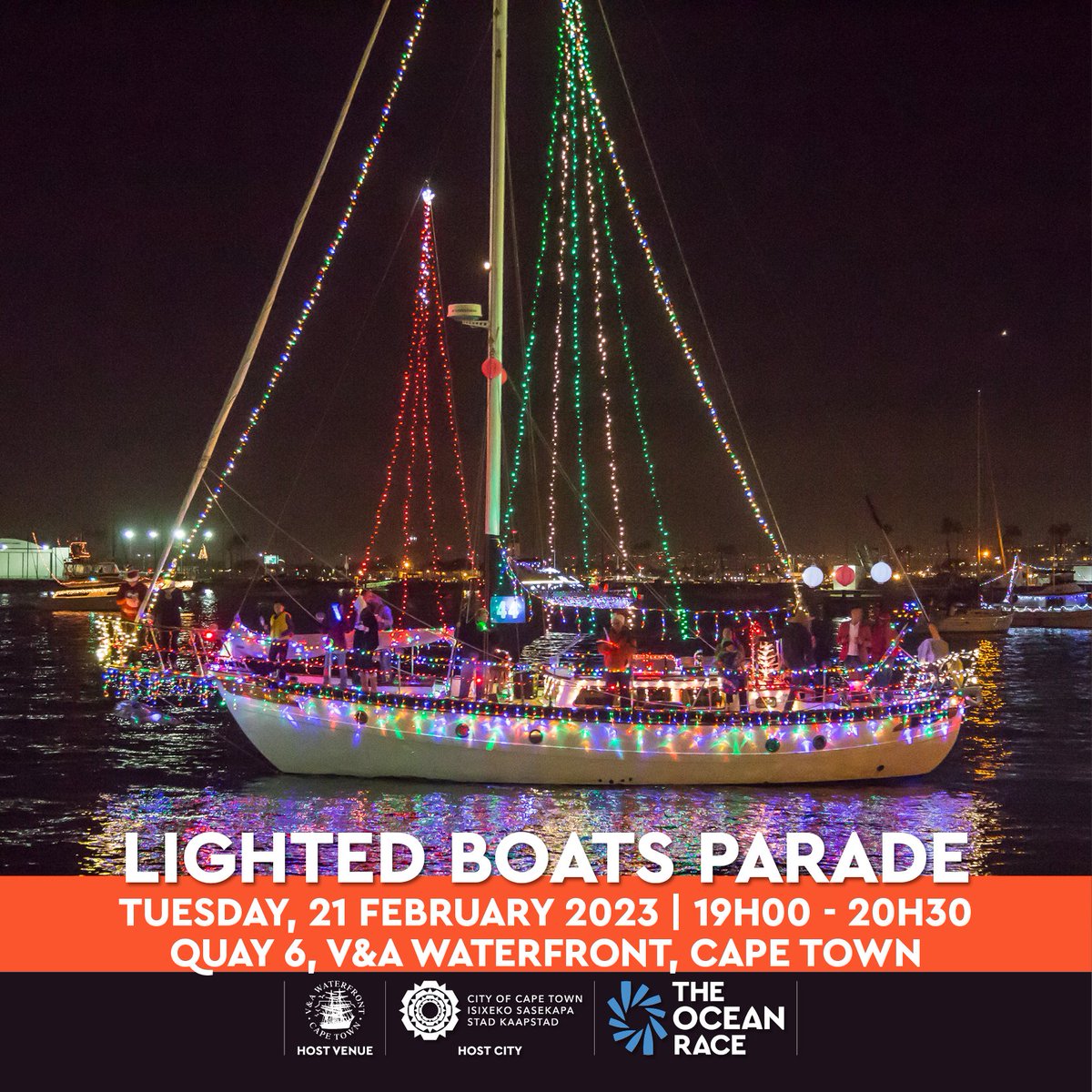 ⛵️⛵️ Come and see our Lighted Boat Parade, at the <a href="/VandAWaterfront/">vandawaterfront</a> TONIGHT. Royal Cape Yacht Club boats will raft up in front of Quay 6, alongside <a href="/theoceanrace/">The Ocean Race</a> IMOCA teams ⛵

We'll have a Marimba Band performing for you and the sailors 🎶