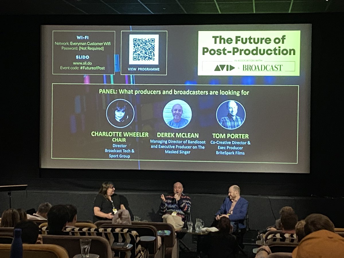 Broadcast_Tech's tweet photo. Our final session this morning, we are speaking to #producers about what they alongside the #broadcasters are looking for from #postproduction, with @BandicootTVโs Derek McLean and @britesparkfilmsโ Tom Porter. #FutureofPost https://t.co/N0OHeZrcqA