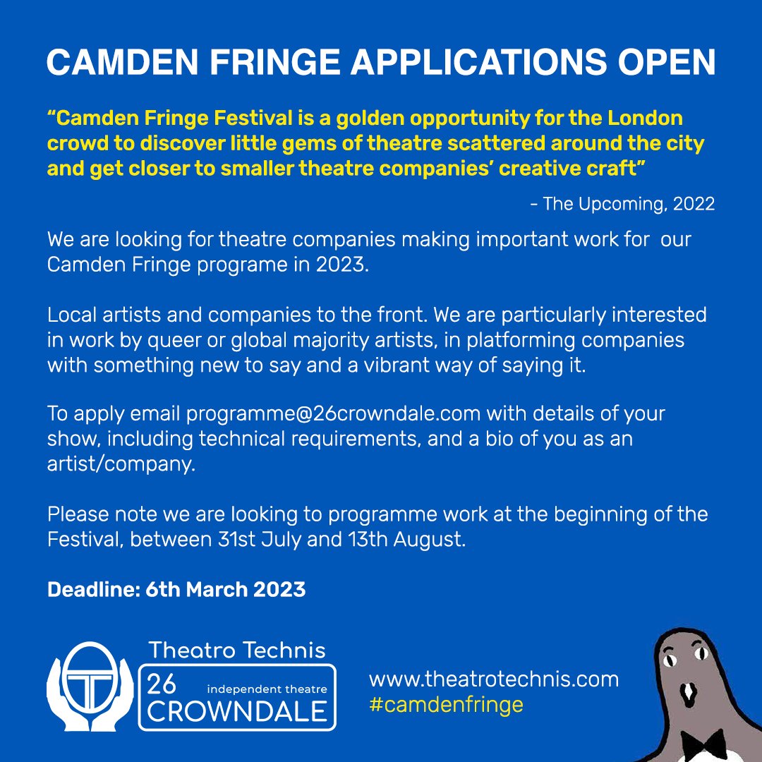 We are looking for theatre companies making important work for our @CamdenFringe programme 2023. Read more below about how to apply.

#VAULTconnect #OVconnect #theatre #callout #CamdenFringe #Camden