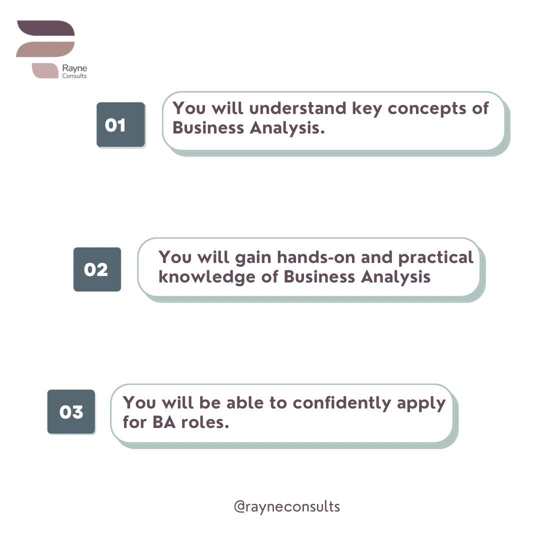 RayneConsults's tweet photo. Our 6 week Business Analysis Virtual Bootcamp happens to be one of our most sought after trainings.
Here are a few reasons why that is so. βοΈ
We would love to have you on our next cohort!
Tag someone who might need this!
#consulting #BaCoach #BATrainer #CareerCoach https://t.co/cmLIml8lGW